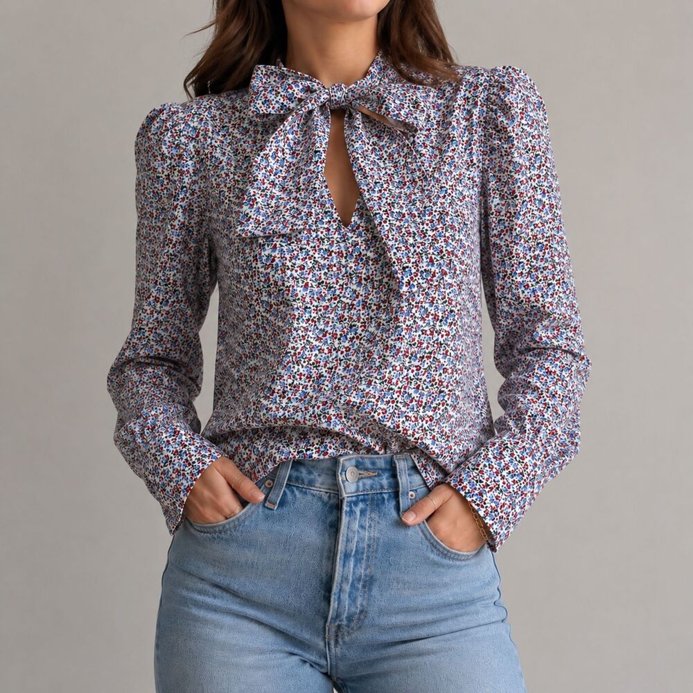 Notes Du Nord Long Sleeve Top Size S Cute Bow Tie V Neck Blouse Colorful Floral
